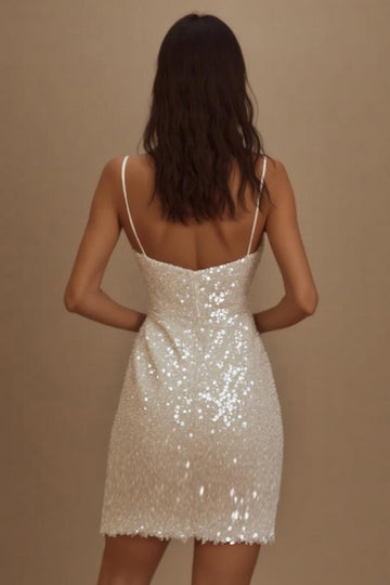 Robe courte moulante à bretelles spaghetti blanches scintillantes